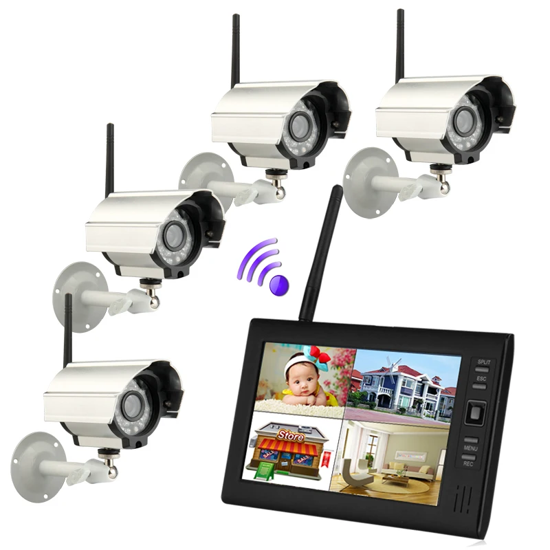 

7 inch TFT Digital 2.4G Wireless Cameras Audio Video 4CH Quad DVR Security System With IR night light 380 TV line Cameras