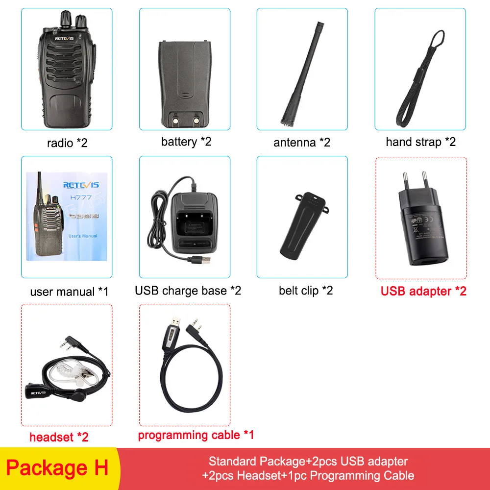 Package H 2 шт. RETEVIS H777 Walkie Talkie 3 Вт УВЧ двухсторонняя радиостанция приемопередатчик двухстороннее радио-коммуникатор зарядка через usb рация - Цвет: Package H