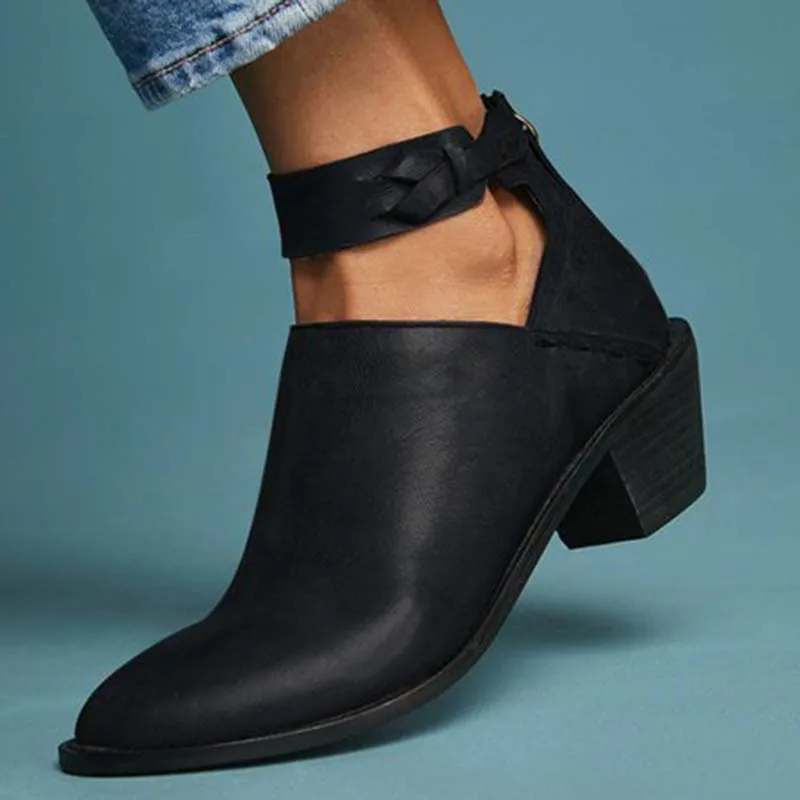 

Women Faux Suede Boots Daily Chunky Heel Zip Shoes Breathable Female Comfortable Shoes Retro Spring PU Leather Sandals
