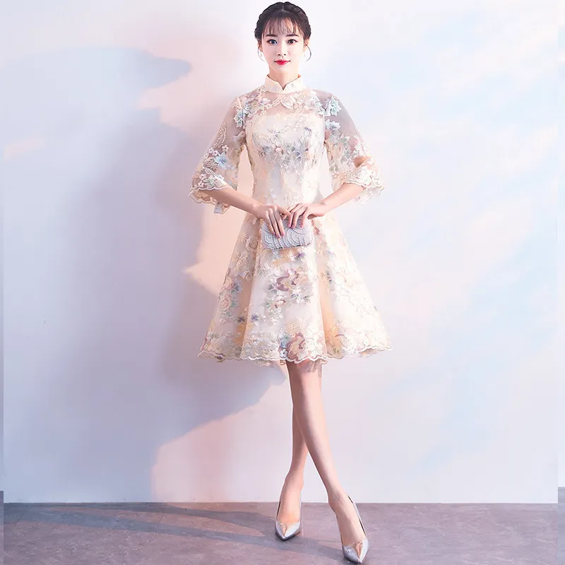 Плюс размер XS-3XL китайский женский элегантный короткий Чонсам Новинка вышивка цветок Летнее платье Ципао Сексуальное Тонкое Повседневное платье для девочки