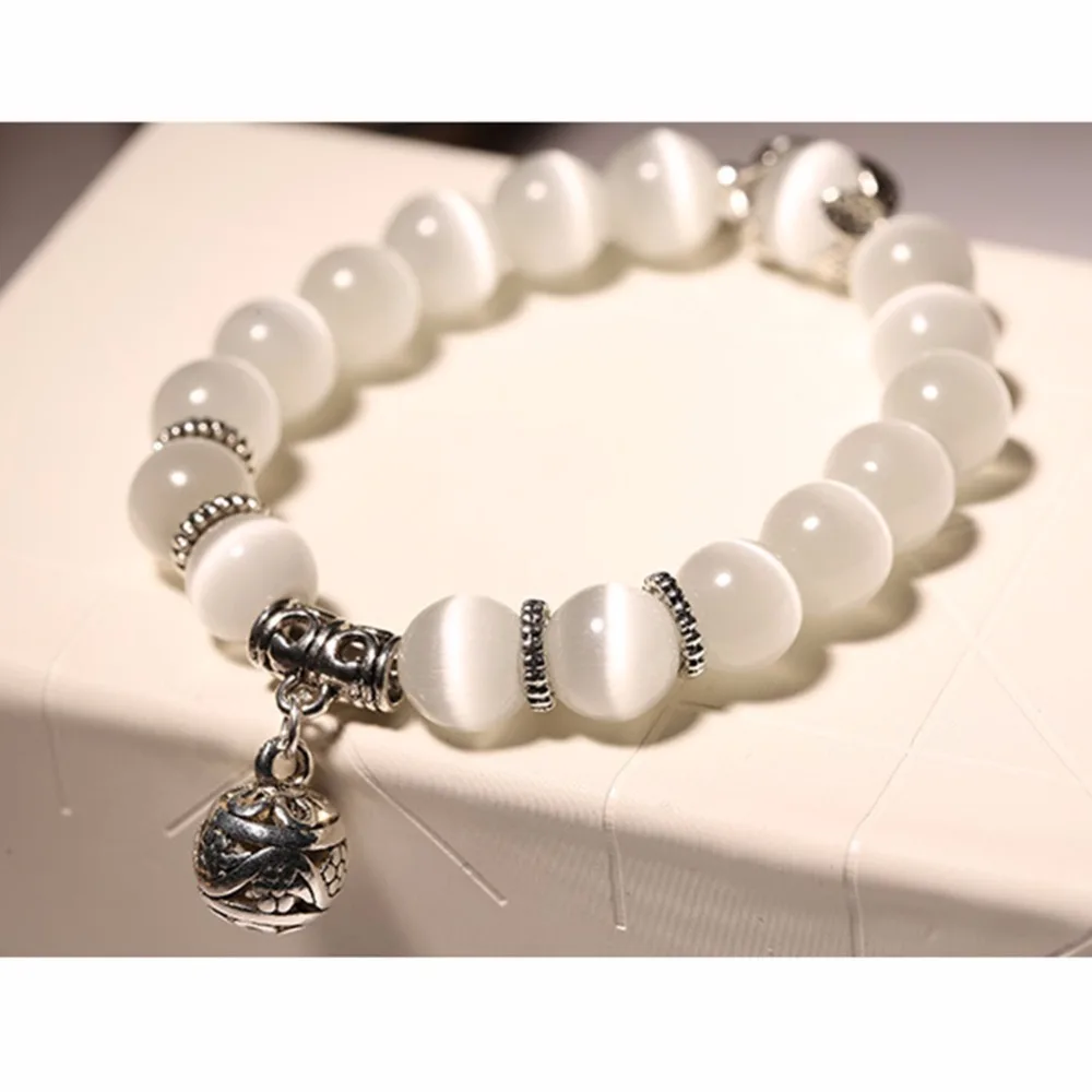 Trendy White Cat Eye Stone Beads Bracelet for Women Strand Bracelets