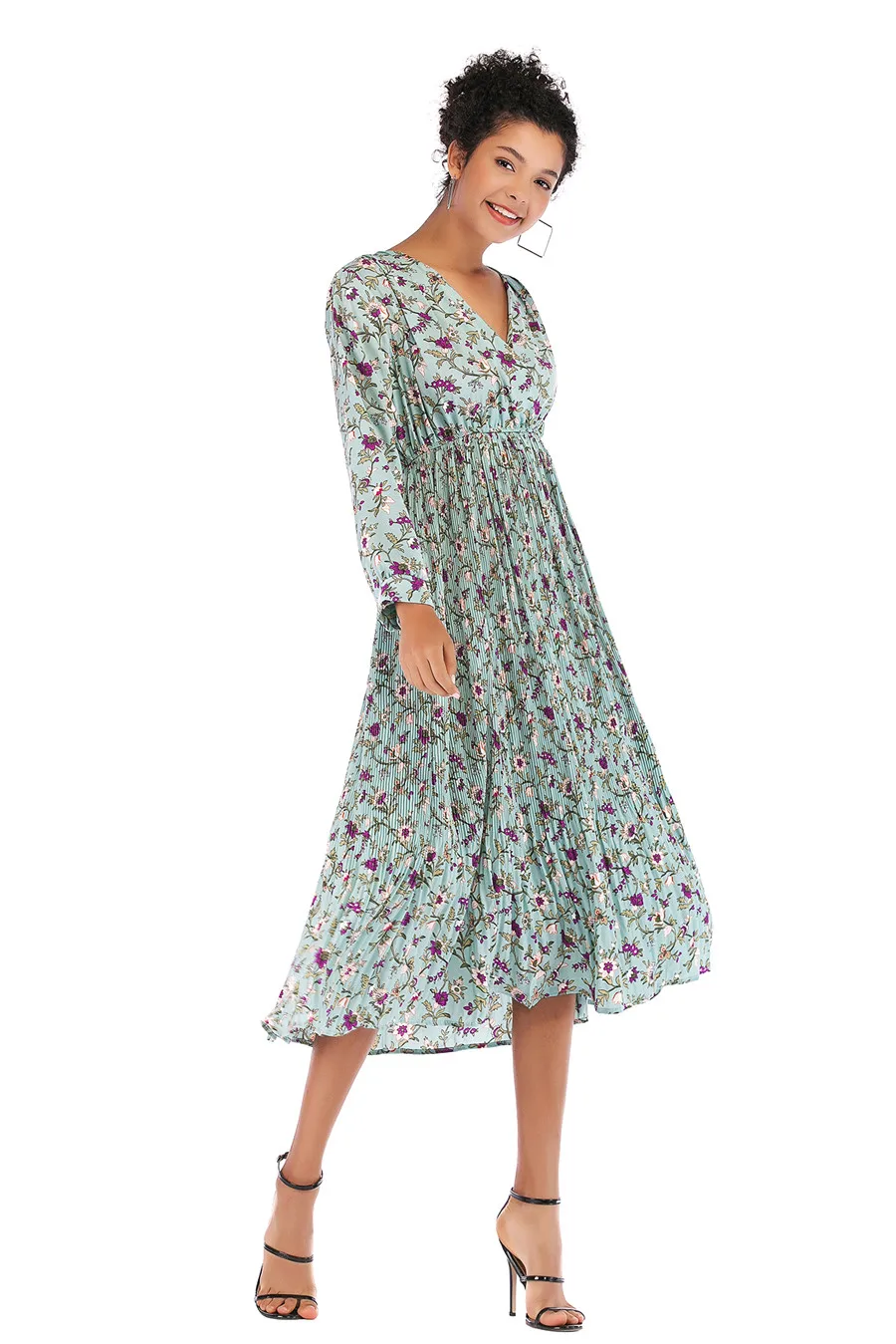 Gladiolus Hot 2018 Autumn Dress Women Long Sleeve V-Neck Sexy Floral Print Tunic Loose Midi Chiffon Dress Women Beach Sundress (14)