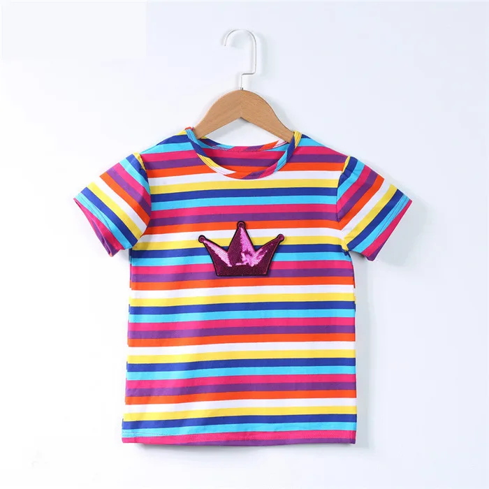  Scsech Children's Summer Rainbow Striped T-Shirt Crown Short Sleeve Cotton Round Neck Baby Boys& Girls Clothes Kids SHR19 (4)
