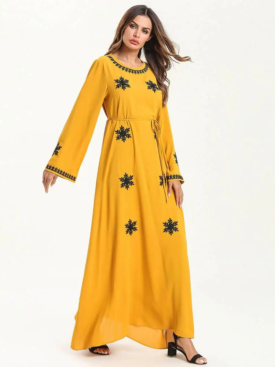 Женские мусульманские длинное платье Абая вышивка Дубай Свободные повседневные женское платье макси модные с круглым вырезом свободные