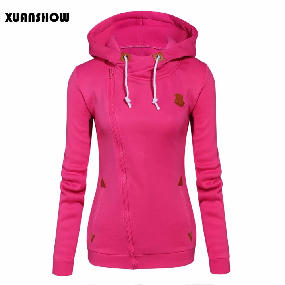 Skup XUANSHOW 2019 kobiety moda bluzy z kapturem cukierki kolory jednolita bluza z długim rękawem Zip Up odzież Sudaderas Mujer