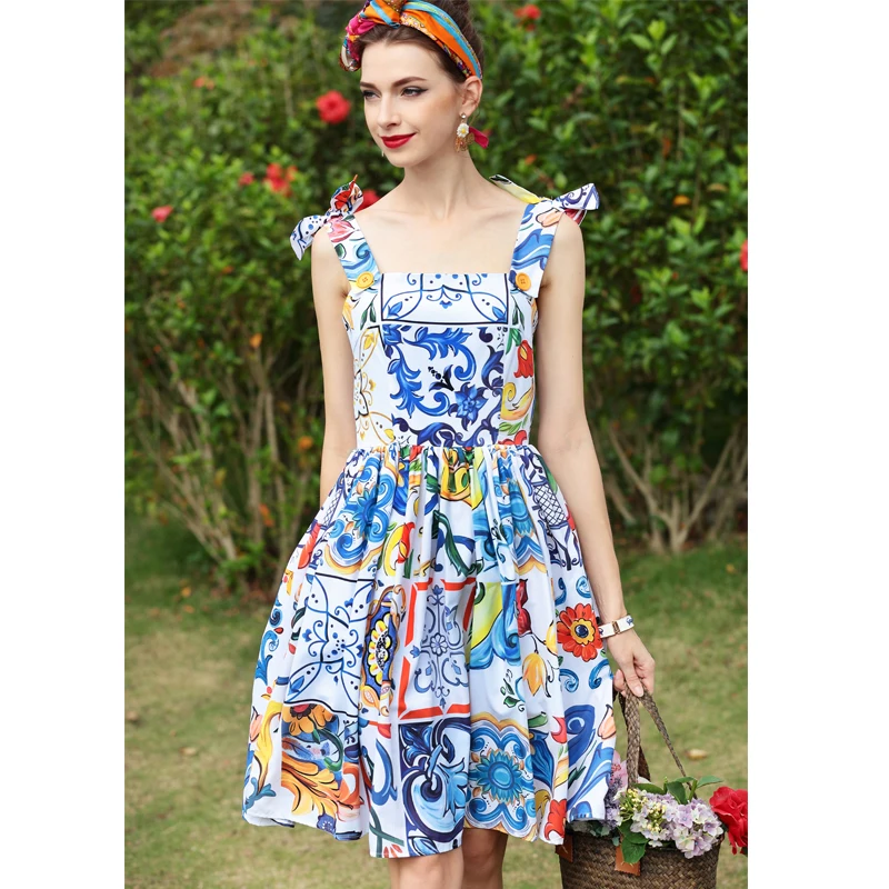 

Fashion Women Dress Blue Amazing Flower Print Dress Elegant Temperament Casual Beach Sleeveless Short Dress High Quality New