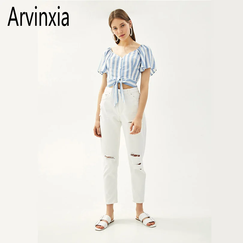 Arvinxia ZA женские рубашки в полоску с v образным вырезом модная женская летняя