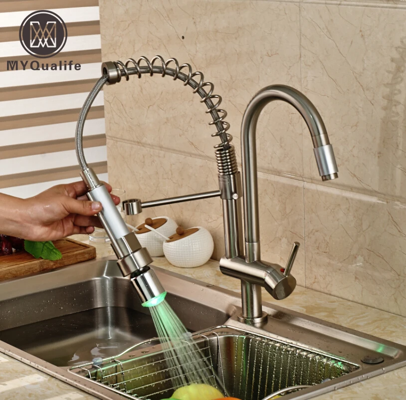

Modern LED Light Dual Swivel Spout Kitchen Mixer Faucet Deck Mount One Hole Mixer Taps Brushed Nickel Finish