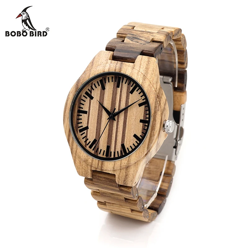 BOBO BIRD V-G22 Zebra Wood Wristwatch Mens Designer Causal Quartz Watch with Folding Clasp Wood Strap relogio masculino