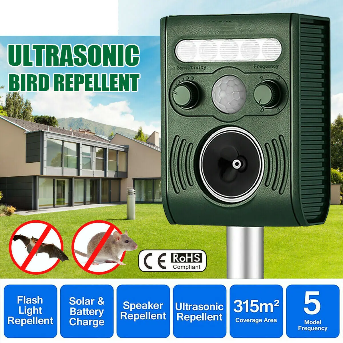 

Animal Repeller Ultrasonic Solar Powered Outdoor Pest Cat Mice Fox Deer Sensor
