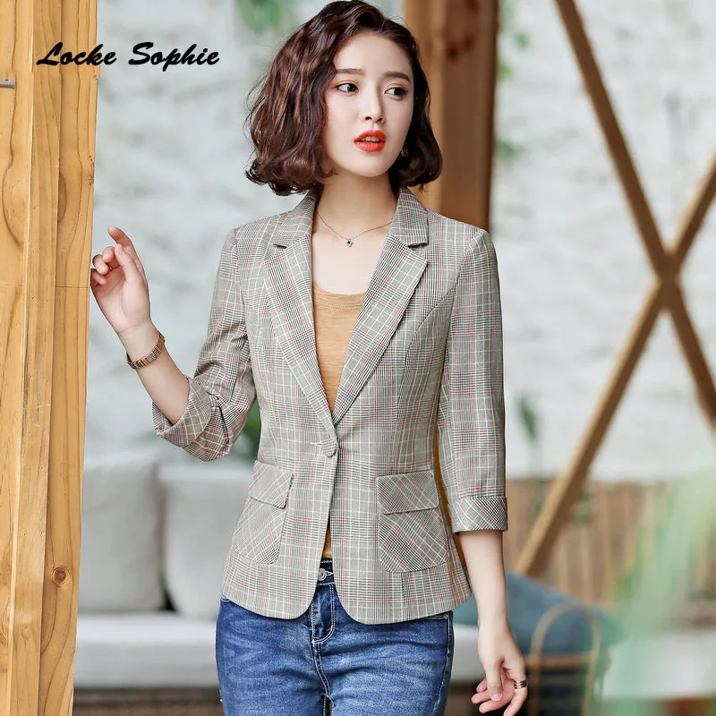 Women Plus size Blazers coats 2019 Summer cotton blend Single buckle plaid Small Suits jackets ladies Skinny Blazers Suits coats
