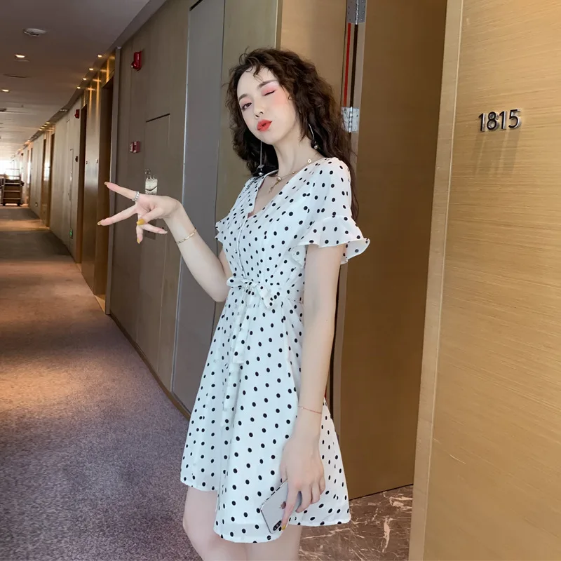 Women V-neck Short Sleeve Loose Mini White Dress A-line Print Polka Dot Dress Women Casual Summer Clothes for Women Vestidos