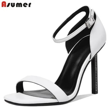 

ASUMER 2019 Genuine leather shoes women sandals 9.5cm stiletto high heels summer sandals sexy solid color dress wedding shoes
