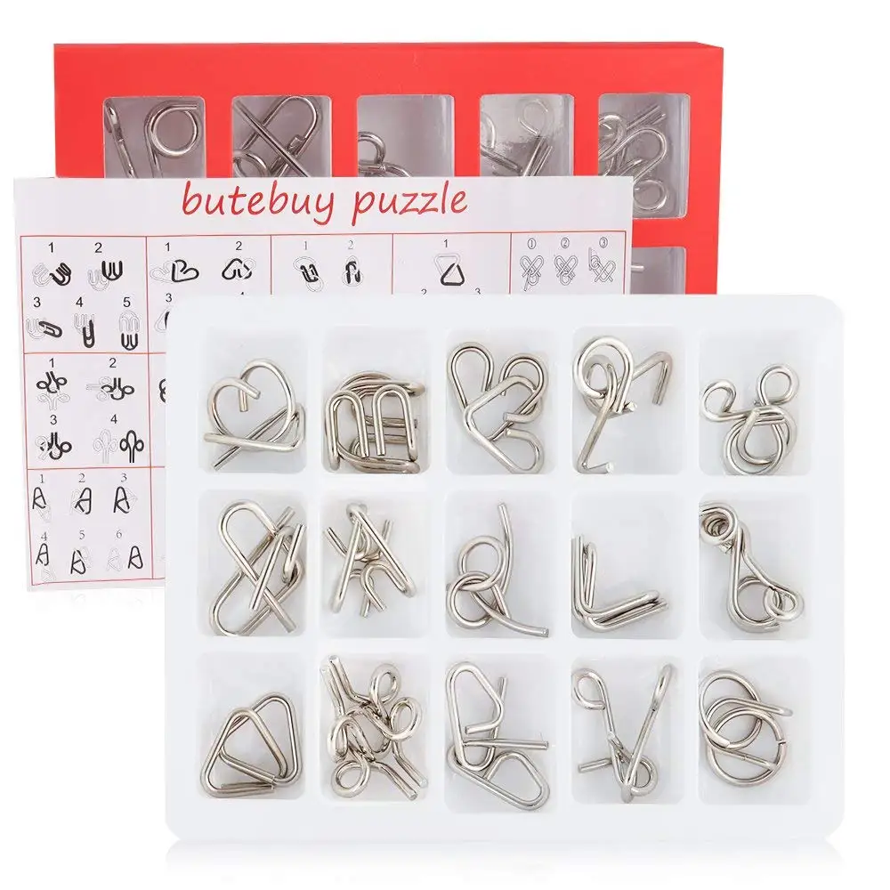 

D-FantiX 15 PCS Metal Wire Puzzles Pack IQ Brain Teaser Disentanglement Toy Set Chinese Intellectual Test Magic Trick Games Iron
