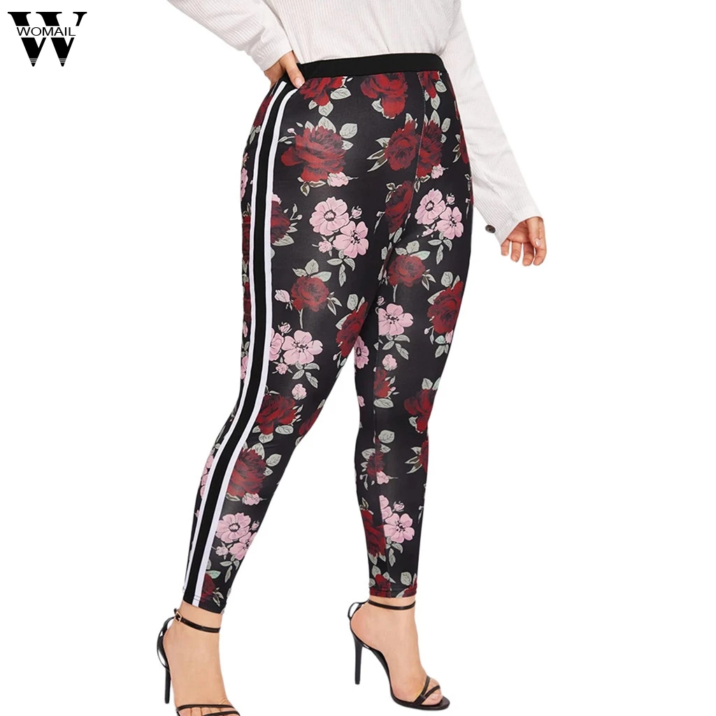 

Womail Plus Size Pants Women's Flowers Printed Elastic Fitness Leggings Athletic Pants Black Pant For Ladies 2019 Dropship May27