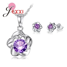 JEXXI Luxury Classic 925 Sterling Silver Rose Flower Necklace Purple Cubic Zirconia Stud Earrings Bride Wedding Jewelry Sets