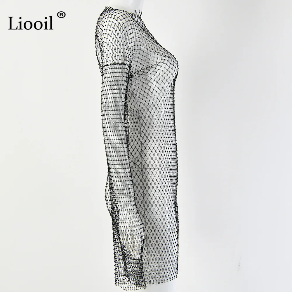 Liooil летнее сексуальное облегающее мини-платье в сеточку Женская пляжная одежда с длинным рукавом и круглым вырезом женские вечерние платья белого цвета для ночного клуба