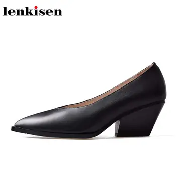 

Lenkisen 2018 elegant lady pointed toe slip on cow leatehr brand spring wedding shoes high heels mature concise women pumps L58