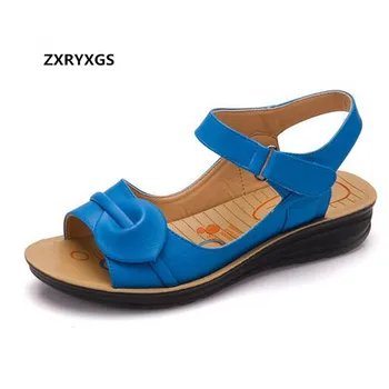 

2019 New Summer Genuine Leather Shoes Flat Sandals Flat with Soft Bottom Slip Student Pregnant Women Shoes Sandals Large Size
