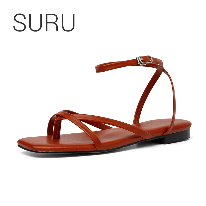 

SURU Ladies Leather Cross Strap Sandals Women Nude Flats Square Toe Sandals