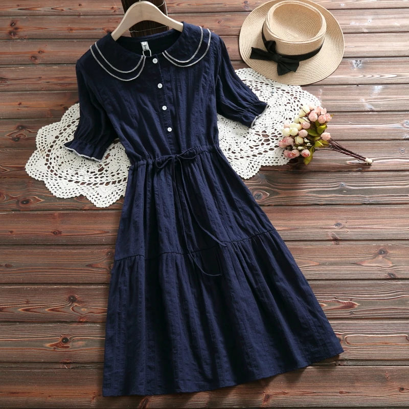 

LYJMTDBK 2019 summer new women's doll collar dress double collar short-sleeved waist dress women's elegant vintage cotton dress