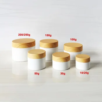 

100pcs Cosmetic package 30g Plastic Cream Bottle with Bamboo Lid White Packaging Jar with Wooden Cap for skin care cream
