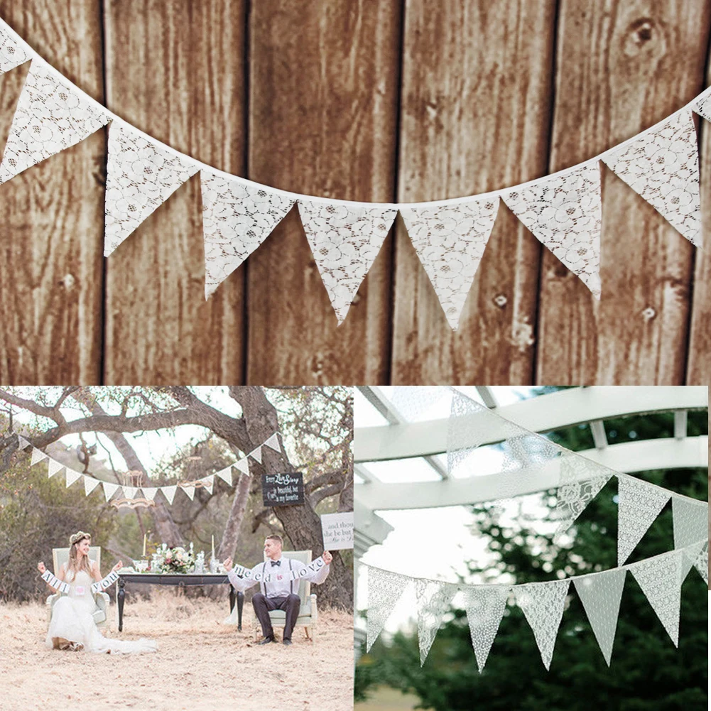 3.2M 12 Flags Wedding Decoration Vintage Banners Garland Flower Fabric Lace Bunting Birthday Party Decoration Mariage White