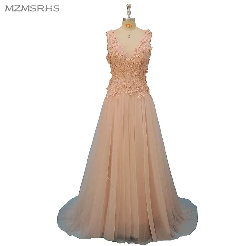 Sexy v-образным вырезом вечернее платье Кружево 2018 Высокое качество голые розовый тюль с 3D аппликацией Вечерние платья настоящая фотография