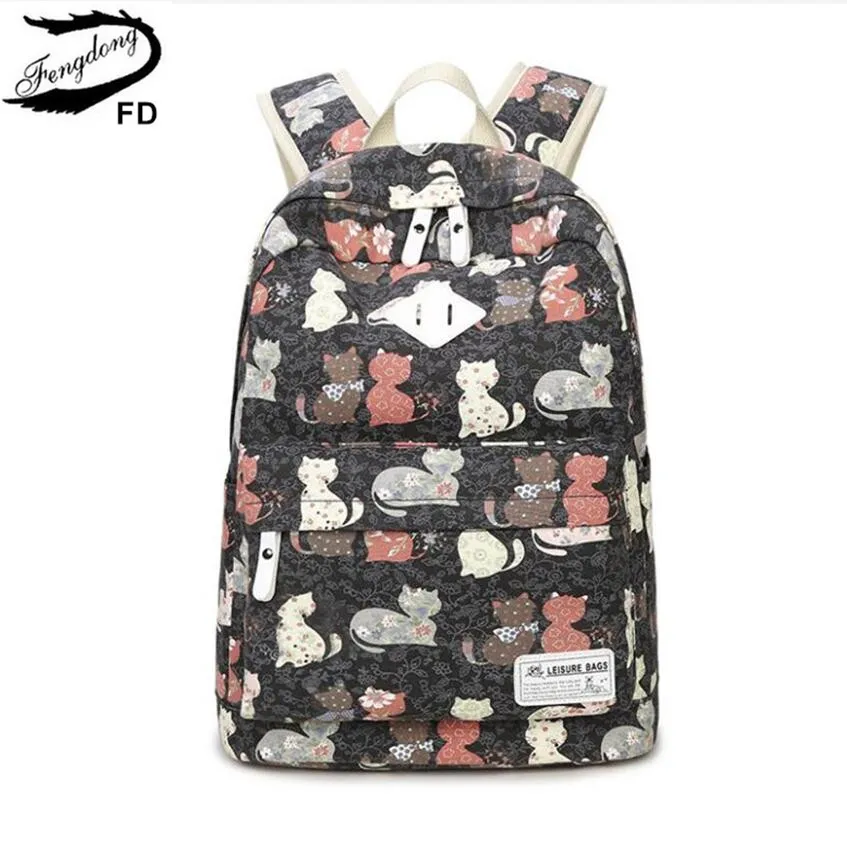 Детский Школьный рюкзак FengDong, милый детский рюкзак с котом, Женский Повседневный парусиновый рюкзак с принтом, школьные сумки для девочек, рюкзак