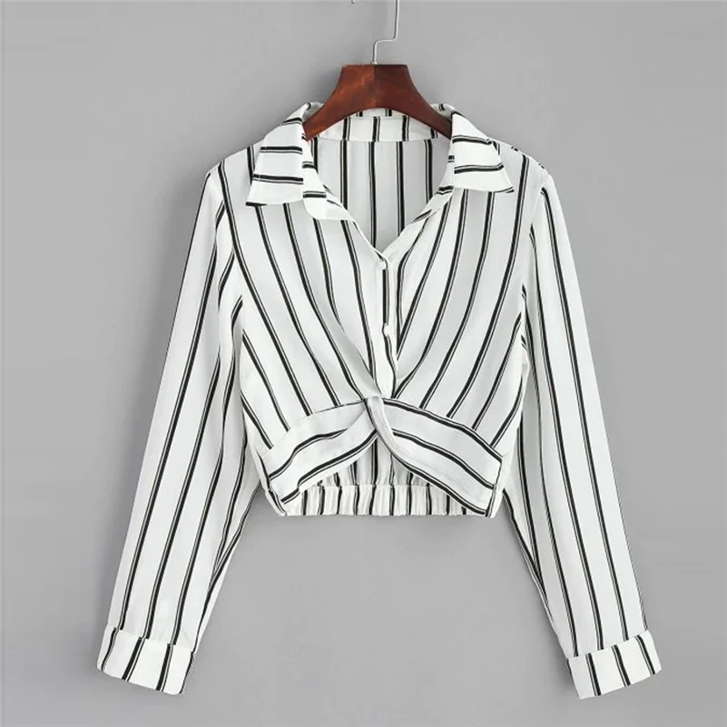 

Sexy Womens Tops and Blouses Long Sleeve Ladies Casual Crop Top Half Placket Female Shirts Summer Twist Front Striped Blouse