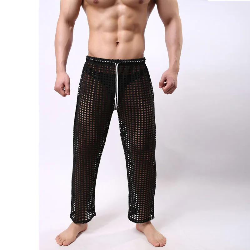 Мягкая перспективная домашняя одежда для сна, штаны, открытые брюки, Мужская женственная сетчатая прозрачная брюки, Эротическая Пижама