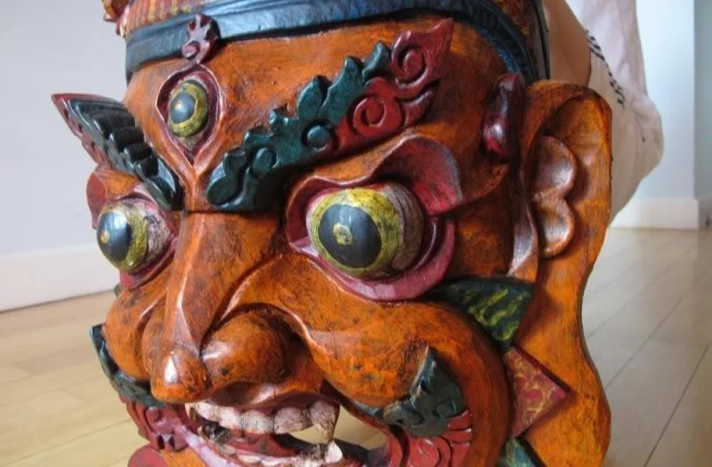 

Tibet Buddhism Old Wood Handwork Carve Painted Mahakala Buddha Head Mask Statue