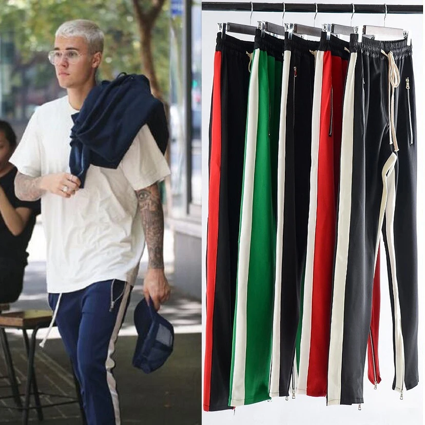 Mens Side Single Stripe Track Pants Joggers Cotton Justin Bieber Retro Hip-Hop Ankle Zipper Trouser Colorblock Loose Pants