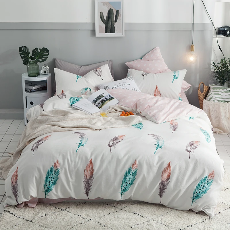 feather print Modern Simple style bedding set cotton fabric Queen Twin
