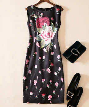 

Vintage Rose Flower Print Dress Elegant O-Neck Maxi Dresses k670
