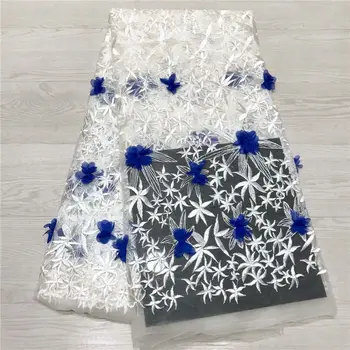 

White African Lace Fabric with blue 3d flowers Lace Fabric 2019 High Quality Lace Nigerian French Lace Fabric for Wedding Dress