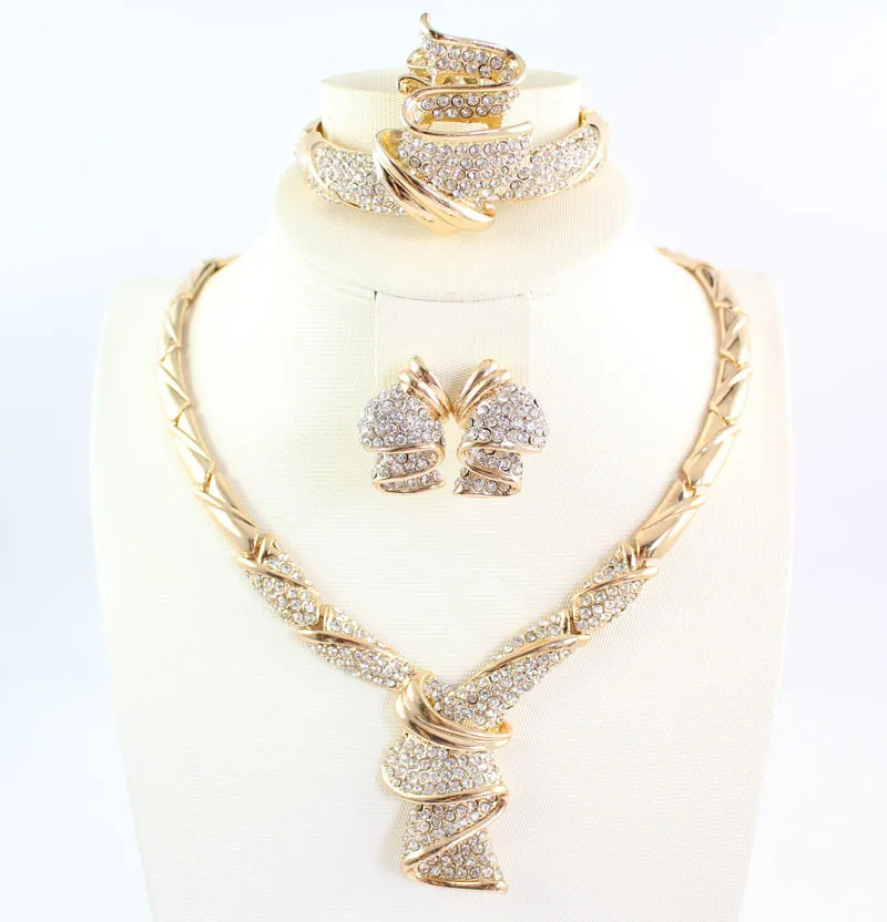 Африканский бисер, ювелирный набор для женщин, золотой цвет, кристалл, Свадебная вечеринка, ожерелье, браслет, серьги, кольцо, набор ювелирных изделий