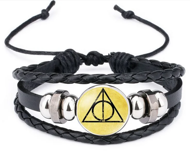 

Anime harri Death Hallows Potter Action Figure Retro Leather Cord Bracelet golden snitch Wings owl Triangle Multilayer Bracelet