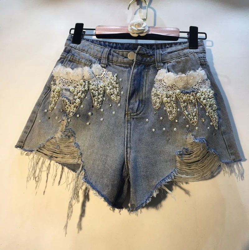 Жемчуг бисером Короткие шорты Для женщин 2019 новые летние модные алмаз сшивание кружева Высокая талия тонкие широкие ноги джинсовые шорты