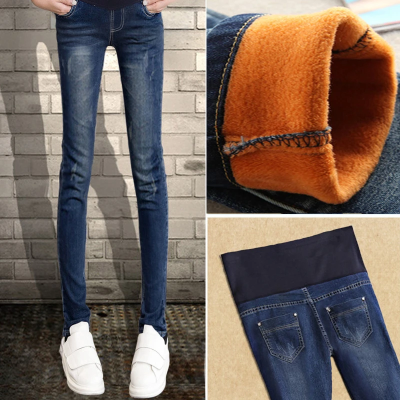 Maternity Jeans For Pregnant Women Pregnancy Winter Warm Denim Pants Maternity Clothes Pregnant Trousers Free shipping