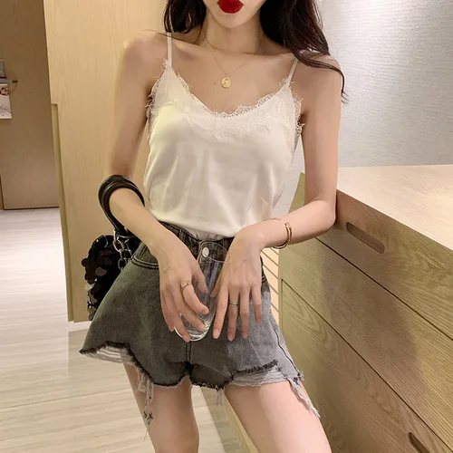 Lace Trim Double V Neck Satin Silk Top Sexy Tops for Women Fitness Tank Top White Elegant Workwear Women's Sleeveless Tops - Color: White