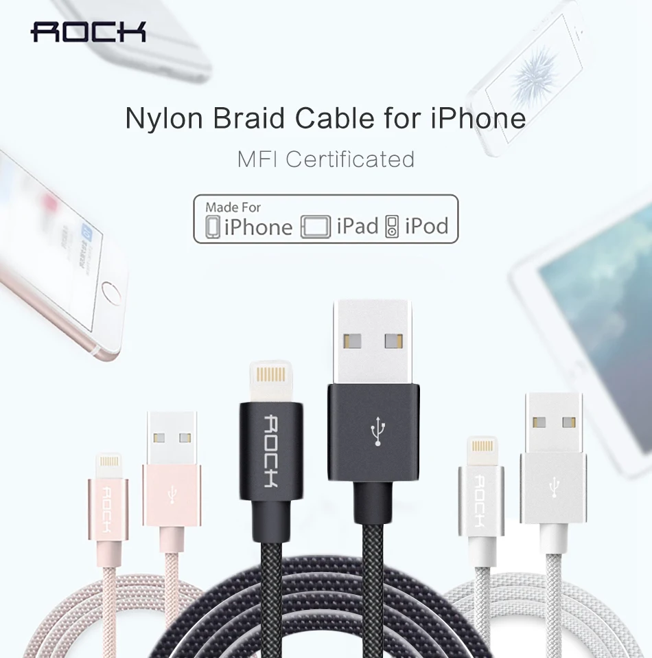 ROCK Metal MFI сертифицированный кабель Lightning-USB для iPhone 5 SE 6 6s 7 plus iPad нейлоновая оплетка волоконный кабель для быстрой зарядки iPhone