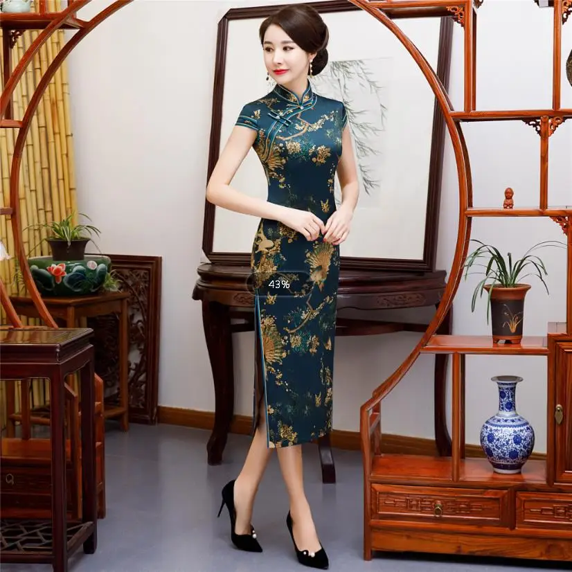 Китайский классический сексуальный вискозный Шелковый цветок длинный Qipao Новинка тонкий принт цветок Ципао с коротким рукавом Vestidos Размер M-4XL
