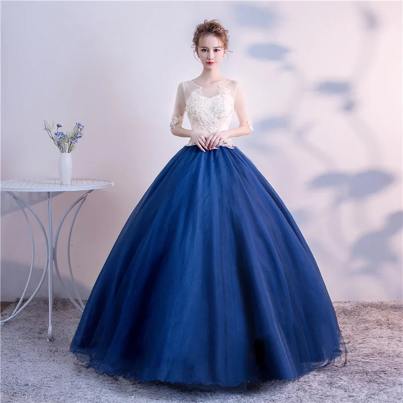 

2019 Blue Ball Gown Scoop Neck Tulle Lace Appliques Quinceanera Dresses Sleeves Robe De Bal 15 Sweet Sixteen Debutante Gowns