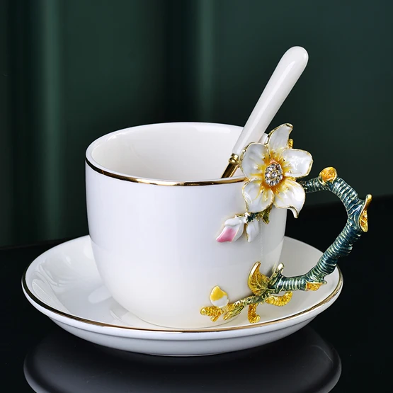 3D цветная эмалированная Кружка набор фарфоровых цветки персика чайное молоко КОПО китайская кость креативная посуда для напитков друг свадьба - Цвет: Белый