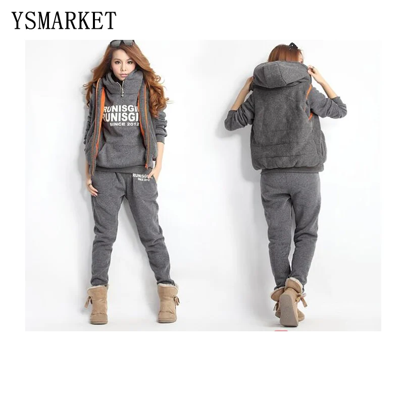 

2018 Women Winter 3 Piece/Set Hoodies+Vest+Pants Running Set Sportswear Sport Suits Letter Printed Fleece Jogging Running A0175