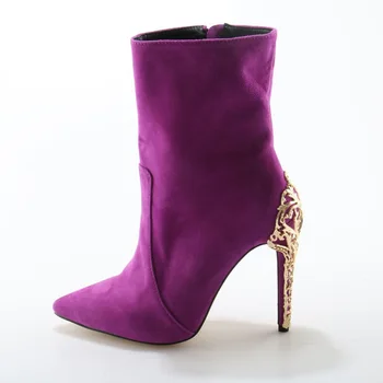 

Real Photo Suede Totem Carved Metal Heel Ankle Boots Pointed Toe Side Zipper Winter Short Boots Women High Heel Winter Pumps