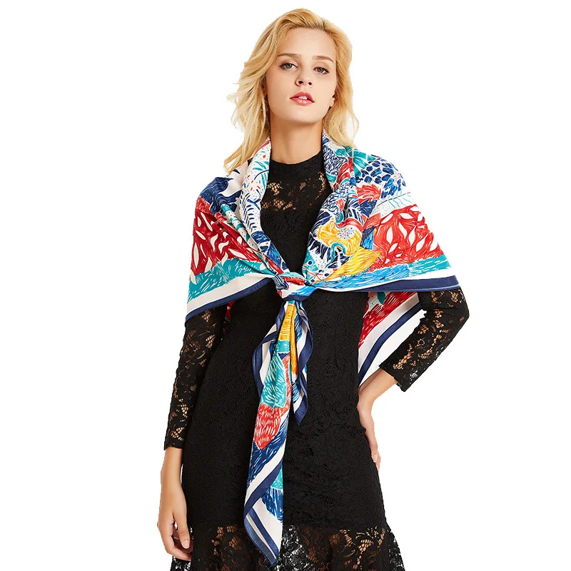 

Fashion Women Vintage Traditional Print Luxury Scarf Ladies Soft Twill Larger Square 130 CM Shawls And Wraps Muslim Hijab Scarve