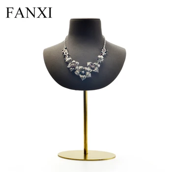 

FANXI New Microfiber Leather Necklace Display Bust Stand Gray Coffee Pendant Holder with Metal Shelf Mannequin for shop Counter