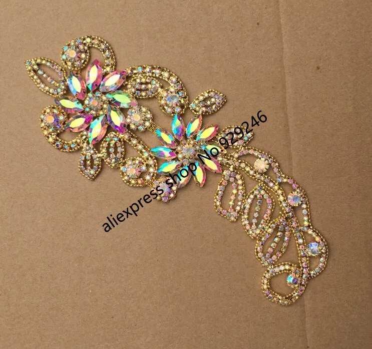 Золотой AB кристалл металлическая аппликация модная одежда украшения стекло камень большой цветок отделка для платья пальто бюстгальтер аксессуар